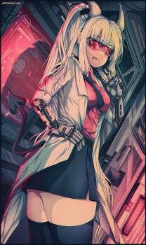 1girl absurdres azazel_(helltaker) black_necktie black_skirt black_tail black_thighhighs breasts clothes_lift coat cybernetic_limb cybernetics cyborg eyebrows gesture glasses hand_on_own_hip helltaker highres horns jacket long_hair looking_at_viewer machine mechanical_arms necktie prosthesis prosthesis prosthetic_arm red_eyes red_goggles red_shirt robe shirt skirt skirt_lift smile solo spade_tail standing tail thighhighs tongue tongue_out translucent translucent_hair tweenstrip white_coat white_hair white_jacket