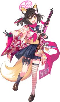 1girl animal_charm animal_ear_fluff animal_ears arm_up asymmetrical_legwear black_gloves black_socks black_thighhighs blue_archive blue_skirt blush brown_hair brown_shoes charm_(object) clenched_hand eyeshadow fang female_focus fishnet_thighhighs fishnets floral_print floral_print_kimono fox_ears fox_girl fox_shadow_puppet fox_tail full_body game_asset gloves gun hair_ornament halo hand_up hanekoto happy holding holding_gun holding_weapon izuna_(blue_archive) japanese_clothes kimono kunai large_variant_set leg_up loafers long_sleeves looking_at_viewer miniskirt mismatched_legwear neckerchief obi official_art open_clothes open_kimono open_mouth outstretched_arm partially_fingerless_gloves pink_eyeshadow pink_halo pink_kimono pink_neckerchief pink_scarf pleated_skirt pom_pom_hat_ornament print_kimono sash scarf school_uniform serafuku shirt shoes short_hair sidelocks simple_background single_sock single_thighhigh skin_fang skirt sleeveless sleeveless_shirt smile socks solo standing standing_on_one_leg submachine_gun tachi-e tail thigh_strap thighhighs third-party_source transparent_background type_100_smg uneven_legwear variant_set weapon weapon_charm white_shirt wide_sleeves yellow_eyes