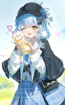 1girl ;d absurdres apple_juice black_capelet black_hat blue_bow blue_hair blue_skirt blue_sky bow braid braided_hair_rings capelet chinese_commentary commentary_request cowboy_shot cup day deerstalker disposable_cup hair_bow hair_rings hands_up harutatsunoki hat highres holding holding_cup juice long_sleeves looking_at_viewer mahou_shoujo_no_majo_saiban one_eye_closed open_mouth outdoors plaid_clothes plaid_skirt pleated_skirt shirt short_hair skirt sky smile solo standing string_of_flags tachibana_sherry white_shirt yellow_eyes