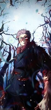 1boy bare_tree black_jacket bleeding blood blood_in_hair blood_on_clothes blood_on_face blood_on_hands commentary cowboy_shot english_commentary highres hood hood_down hoodie injury itadori_yuuji jacket jujutsu_kaisen jujutsu_tech_uniform long_sleeves looking_at_viewer male_focus noonvincent outdoors pink_hair rain red_eyes red_hoodie school_uniform short_hair solo spiked_hair standing teeth torn_clothes torn_sleeves tree undercut