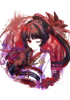 1girl absurdres black_hair braid bug butterfly closed_mouth commentary_request crown_braid flower hand_up highres insect japanese_clothes kimono long_hair long_sleeves looking_at_viewer mahou_shoujo_no_inshuu_mura mahou_shoujo_no_majo_saiban nikaido_hiro obi official_alternate_costume official_alternate_hairstyle okanda one_eye_closed ponytail red_butterfly red_eyes revision sash solo spider_lily two-tone_kimono upper_body