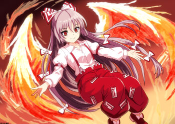 1girl bow closed_mouth collared_shirt commentary_request fiery_wings fire fujiwara_no_mokou grey_hair hair_bow long_hair long_sleeves looking_at_viewer mist9801km multiple_hair_bows ofuda ofuda_on_clothes pants pyrokinesis red_eyes red_pants red_shoes shirt shoes smile solo suspenders touhou very_long_hair white_bow white_shirt wings