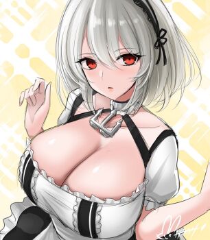 1girl artist_name azur_lane breasts cleavage commentary_request dress frilled_dress frills grey_hair hands_up hisin large_breasts looking_at_viewer maid_headdress medium_hair parted_lips puffy_short_sleeves puffy_sleeves red_eyes short_sleeves sirius_(azur_lane) solo upper_body white_dress yellow_background