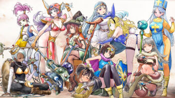 Rule 34 | 6+girls, armor, ass, bent over, bikini armor, cape, crown, dragon quest, dragon quest iii, fishnet pantyhose, fishnets, gadabout (dq3), habit, hammer, hat, heroine (dq3), highres, holding, holding hammer, hug, looking at viewer, mage (dq3), mage staff, martial artist (dq3), merchant (dq3), monster wrangler (dq3), multiple girls, pantyhose, playboy bunny, priest (dq3), sage (dq3), sitting, sitting on person, smile, staff, sword, thief (dq3), tiara, vest, warrior (dq3), weapon, whip, witch hat, zi-dabu