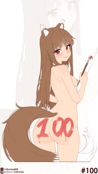 1girl absurdres animal_ear_fluff animal_ears ass blush bodypaint brown_hair closed_mouth commentary completely_nude english_commentary fang from_behind highres holding holding_paintbrush holo likunea long_hair looking_at_viewer nude paintbrush patreon_logo patreon_username red_eyes smile solo spice_and_wolf standing tail twitter_username twitter_x_logo wolf_ears wolf_girl wolf_tail zoom_layer
