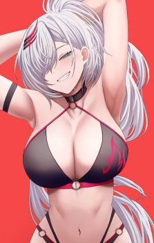 1girl armpits arms_behind_head arms_up bikini black_bikini blue_eyes blush breasts character_request cleavage cosplay fate/grand_order fate_(series) grey_hair hair_over_one_eye hashtag-only_commentary high_ponytail highres hololive hololive_indonesia jeanne_d&#039;arc_alter_(fate) jeanne_d&#039;arc_alter_(swimsuit_berserker)_(fate) jeanne_d&#039;arc_alter_(swimsuit_berserker)_(fate)_(cosplay) large_breasts long_hair navel parted_lips pavolia_reine ponytail red_background si_farid smirk solo swimsuit upper_body virtual_youtuber