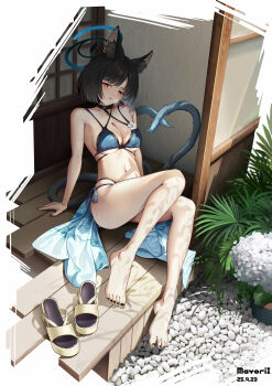 1girl absurdres animal_ear_fluff animal_ears barefoot bikini black_hair black_nails blue_archive blue_bikini blue_halo blush breasts cat_ears cat_girl cat_tail cleavage gradient_tail halo highres kikyou_(blue_archive) kikyou_(swimsuit)_(blue_archive) large_breasts looking_at_viewer mayoril multiple_tails nail_polish navel official_alternate_costume open_mouth parted_bangs short_hair sitting solo stomach swimsuit tail toenail_polish toenails two_tails