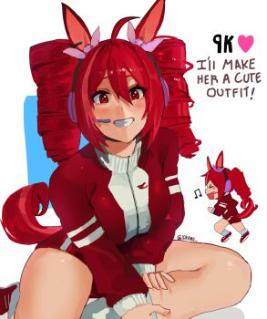 1girl animal_ears blush breasts buruma chibi chibi_inset collared_jacket commentary drill_hair earphones english_commentary grin hair_tubes hands_on_own_legs headset highres horse_ears horse_girl jacket kasane_teto long_sleeves medium_breasts parted_lips red_buruma red_eyes red_hair red_jacket sealwav short_hair sitting smile solo track_jacket twin_drills umamusume utau