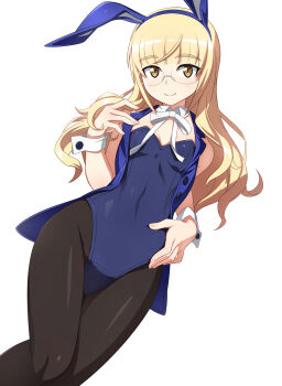 1girl animal_ear_hairband animal_ears black_pantyhose blonde_hair blue_leotard brown_eyes commentary fake_animal_ears glasses hairband highres leotard long_hair looking_at_viewer nanashino nontraditional_playboy_bunny official_alternate_costume pantyhose perrine_h._clostermann rabbit_ear_hairband rabbit_ears simple_background solo white_background world_witches_series wrist_cuffs