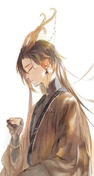1boy antlers beads black_gloves black_hair bracelet brown_hair chinese_clothes closed_mouth colored_tips commentary cup dragon_boy earrings english_commentary eyeliner closed_eyes facing_down from_side genshin_impact gloves hair_between_eyes hand_up hanfu highres holding holding_cup horn_ornament horns jewelry kkcoocool long_hair long_sleeves makeup male_focus multicolored_hair orange_hair profile robe simple_background solo streaked_hair thumb_ring upper_body white_background wide_sleeves zhongli_(genshin_impact)