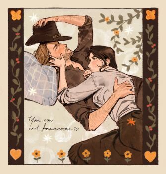 1boy 1girl arm_hair arthur_morgan beard_stubble belle_(kunnuscumnus) berry black_hat black_pants black_shirt black_skirt blonde_hair blue_eyes border brown_hair calligraphy closed_mouth collared_shirt cowboy cowboy_hat cowboy_western drawn_flower drawn_heart english_text eyelashes facial_hair floral_border flower grid_print hair_behind_ear half-closed_eyes hand_on_another&#039;s_back hand_on_another&#039;s_cheek hand_on_another&#039;s_face hat head_on_chest heart hetero highres holding holding_unworn_clothes holding_unworn_hat invisible_floor kunnuscumnus light_blush long_skirt looking_at_another looking_up lying lying_on_another mole mole_under_eye no_sclera on_back original pants parted_lips partially_unbuttoned pillarboxed pillow red_dead_redemption_(series) red_dead_redemption_2 shirt shirt_tucked_in short_hair side_part skirt stubble unworn_hat unworn_headwear wavy_ends western white_background white_shirt willow yellow_flower