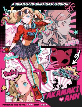 Rule 34 | 1girl, absurdres, bibi booom, blonde hair, blue eyes, clothes writing, commentary request, cosmetics, cropped sweater, earrings, english text, eyewear on head, fingerless gloves, full body, gloves, hair ornament, hairpin, hashtag, headphones, headphones around neck, highres, holding, holding lipstick tube, hoop earrings, jewelry, lipstick, lipstick tube, makeup, mask, morgana (persona 5), multicolored hair, multiple views, navel, one eye closed, pantyhose, persona, persona 5, persona 5: dancing star night, persona dancing, plaid clothes, plaid skirt, pleated skirt, red hair, red shoes, red sweater, shoes, skirt, speech bubble, star (symbol), streaked hair, sweater, takamaki anne, thought bubble, tongue, tongue out, v