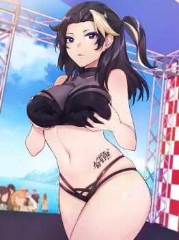 1girl absurdres beach bikini black_bikini black_hair black_lips breasts breasts_squeezed_together choker crowd cupping_hands ear_piercing earrings eroblast eyeshadow goth_fashion grabbing_another&#039;s_breast grabbing_own_breast groping hands_on_own_chest highres jewelry kay_(eroblast) lace lace-trimmed_bikini lace_trim large_breasts lipstick makeup multicolored_hair navel on_stage own_hands_together piercing rirene_rn side_ponytail skindentation stage stomach_tattoo streaked_hair swimsuit tattoo thick_thighs thighs