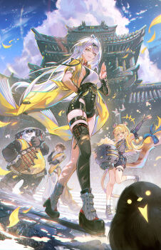 Rule 34 | +++, 2boys, 2girls, ahoge, architecture, arm behind back, armlet, bird, black bird, black shorts, black thighhighs, blue sky, boots, breasts, brown hair, chromatic aberration, commentary, day, east asian architecture, english commentary, fingernails, green eyes, grey shirt, hair ornament, hand up, high-waist shorts, highres, holding, jacket, jessica wijaya, jewelry, ju fufu, large breasts, looking at viewer, multiple boys, multiple girls, outdoors, pan yinhu, panda boy, parted lips, shirt, shorts, single hair intake, single thighhigh, sky, smile, thighhighs, thighs, white boots, white shirt, ye shiyuan, yellow jacket, yellow leaves, yixuan (zenless zone zero), zenless zone zero