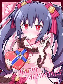 Rule 34 | 1girl, absurdres, aijiro83, black hair, bow, box, breasts, collarbone, commentary request, dress, frilled dress, frilled sleeves, frills, gift, hair between eyes, happy valentine, heart-shaped box, highres, holding, holding gift, long hair, long sleeves, looking at viewer, neptune (series), noire (neptunia), open mouth, red bow, red eyes, solo, twintails, very long hair