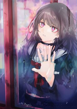 1girl absurdres against_glass black_choker black_hair black_jacket black_shirt black_skirt blue_pupils chisa_(wuthering_waves) choker collarbone commentary condensation hair_ribbon hand_on_glass highres jacket long_hair long_sleeves milupri mole mole_under_eye neckerchief parted_lips phone_booth red_eyes red_neckerchief red_ribbon ribbon sailor_collar shirt skirt solo white_sailor_collar wuthering_waves