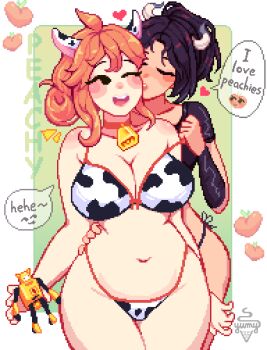 2girls absurdres ahoge animal_ears animal_print artist_name artist_self-insert aseprite_(medium) bell bikini black_eyes black_hair blush borrowed_character breasts bumblebee_(transformers) character_name cleavage closed_eyes comic_sans cow_ears cow_horns cow_print cow_print_bikini cowbell crossover curvy english_text food fruit hand_on_another's_hip heart highres horns large_breasts looking_back multiple_girls name_connection navel neck_bell object_namesake open_mouth orange_hair original panties peach pixel_art ponytail print_bikini salaciouspeachy_(salaciouspeachy) side-tie_panties speech_bubble swimsuit transformers transformers:_generation_1 underwear wide_hips yumykon yumykon_(yumykon) yuri