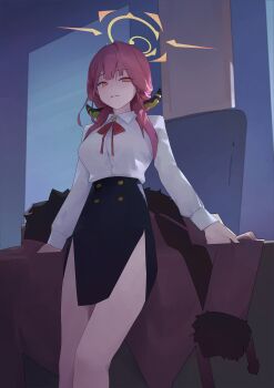 1girl absurdres aru_(blue_archive) bare_legs black_skirt blue_archive brown_coat coat collared_shirt demon_horns dokshuri feet_out_of_frame fur-trimmed_coat fur_trim hair_over_shoulder halo high-waist_skirt highres horns leaning_on_object long_hair long_sleeves looking_at_viewer neck_ribbon necktie parted_lips pencil_skirt pink_hair red_necktie ribbon shirt shirt_tucked_in skirt solo standing unworn_coat white_shirt yellow_halo