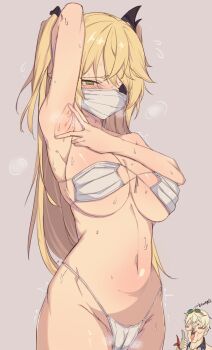 1boy 1girl alternate_breast_size armpit_focus armpits bare_shoulders bennett_(genshin_impact) black_ribbon blonde_hair blush breasts cameltoe commentary_request eyepatch fischl_(genshin_impact) genshin_impact green_eyes grey_background hair_ribbon highres kkry99 korean_commentary large_breasts long_hair looking_at_another looking_at_viewer mask mask_bikini mouth_mask navel nipples ribbon simple_background solo_focus spread_armpit surgical_mask sweat tears two_side_up