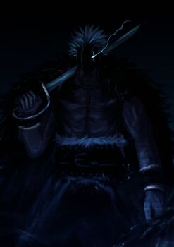 1boy absurdres artist_name beard black_hair blue_eyes blue_theme crain1art facial_hair fur_trim glowing glowing_eye goatee haki_(one_piece) highres holding holding_sword holding_weapon instagram_logo instagram_username looking_at_viewer muscular muscular_male one_piece pirate rocks_d._xebec saber_(weapon) scar scar_across_eye scar_on_face shaded_face sword topless_male twitter_logo twitter_username weapon white_hair