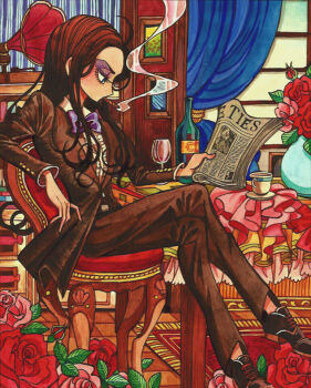 1boy ahoge androgynous bad_id bad_pixiv_id belt belt_buckle black_belt black_hair black_jacket black_pants black_shoes blue_eyes bookshelf bottle bow bowtie buckle chair cigarette collared_shirt commentary crossed_legs cup curtains dress_shoes drinking_glass elbow_on_table elbow_rest eyelashes eyeshadow flower frilled_shirt frills from_side full_body holding holding_newspaper indoors jack_barbarosa_bancoran jacket lapels leaf light_blush long_hair long_sleeves looking_at_object makeup male_focus marker_(medium) meremero newspaper on_chair oxfords pants parted_bangs patalliro! phonograph picture_frame profile purple_bow purple_bowtie purple_eyeshadow reading red_flower red_rose rose rug saucer shawl_lapels shirt shoes sitting smoke smoke_trail smoking solo suit_jacket table tablecloth teacup tile_floor tiles traditional_media vase wavy_hair white_shirt window wine_bottle wine_glass wooden_chair wooden_table