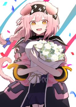 1girl :d absurdres animal_ears arknights birthday black_hairband black_skirt blue_bow blush bouquet bow braid cat_ears cat_girl cat_tail commentary confetti cowboy_shot english_commentary floating_hair flower garter_straps goldenglow_(arknights) grey_jacket hair_bow hair_ornament hairband hairclip highres holding holding_bouquet jacket lightning_bolt_print long_hair miniskirt multicolored_jacket nikaidou_tetsuo open_clothes open_jacket open_mouth pink_hair pink_jacket side_braid simple_background skirt smile solo tail two-tone_jacket white_background white_flower yellow_eyes