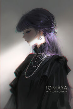 1girl artist_name bead_necklace beads black_collar black_dress blunt_bangs blurry_edges collar commentary dress earrings english_commentary expressionless fern_(sousou_no_frieren) frilled_dress frills grey_background high_collar highres jewelry light_particles long_eyelashes long_hair looking_down multiple_necklaces necklace nixeu patreon_username profile purple_eyes purple_hair shadow simple_background solo sousou_no_frieren sphere_earrings standing upper_body