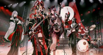 6+girls commentary_request drum du_ruo_(path_to_nowhere) flute guitar highres holding holding_flute holding_instrument houraisan_chouko instrument multiple_girls path_to_nowhere standing yanyan_(path_to_nowhere) yao_(path_to_nowhere) yingying_(path_to_nowhere) yugu_(path_to_nowhere)