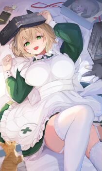1girl :d animal_ears apron blonde_hair breasts cat collared_dress contrast_collar crossed_bangs double-parted_bangs dress frilled_apron frilled_dress frills garter_straps green_dress green_eyes hair_between_eyes hair_ribbon hat highres holding indie_virtual_youtuber indoors knee_up lace lace-trimmed_thighhighs lace_trim large_breasts long_sleeves lying nimi_nightmare nimi_nightmare_(1st_costume) nurse_cap on_bed one_side_up open_mouth ribbon round_collar short_hair sleeve_cuffs smile solo sora_no_tori tapir_ears tapir_girl thighhighs virtual_youtuber white_apron white_hat white_ribbon white_thighhighs