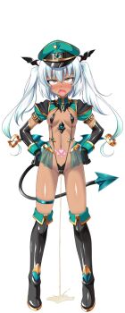 1girl aoi_masami black_gloves blush boots breasts dark-skinned_female dark_skin demon_girl demon_tail elbow_gloves fang full_body game_cg gloves hands_on_own_hips hat highres large_variant_set loli long_hair looking_at_viewer military_hat navel nina_wang_rockford non-web_source official_art open_mouth peaked_cap pee peeing peeing_self pubic_tattoo revealing_clothes slave_gear_(tsmg_nao!) slave_lapis slingshot_swimsuit small_breasts solo standing swimsuit tail tattoo thigh_boots thigh_strap thighhighs transparent_background ts_magical_girl_nao twintails variant_set white_hair wings