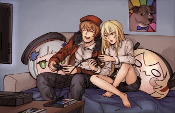 Rule 34 | 1boy, 1girl, :d, blonde hair, casual, commander (girls' frontline), commission, commissioner upload, controller, daytona usa, dog, feet, game console, girls' frontline, green eyes, highres, hk416 (girls' frontline), m4 sopmod ii (girls' frontline), open mouth, pillow, playing games, poster (object), red hair, sardine (feshtail), sega saturn, smile, stg44 (girls' frontline), television