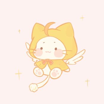 :3 ahoge angel_wings animal animal_focus animated animated_gif black_eyes blinking blush_stickers bow bowtie cardcaptor_sakura cat chinese_commentary cloak closed_mouth clothed_animal commentary_request cosplay detached_wings ear_covers feathered_wings happy hood hood_up hooded_cloak kero_(cardcaptor_sakura) kero_(cardcaptor_sakura)_(cosplay) momo_(nikki) nikki_(series) no_humans pawpads pink_background red_bow red_bowtie shining_nikki simple_background smile solid_circle_eyes solo sparkle whiskers white_cat white_wings winged_animal wings xiaoyu_qixing yellow_cloak