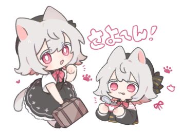 1girl :3 :d :p animal_ears black_dress black_hat blush bow bowtie briefcase bright_pupils can canned_food cat_ears cat_girl cat_tail chibi chibi_only closed_mouth commentary cropped_torso double-parted_bangs dress full_body grey_hair hair_between_eyes hand_up hat holding holding_briefcase looking_at_viewer multiple_views nonogunoi open_mouth paw_pose pinafore_dress pink_bow pink_bowtie pink_eyes sayo_(voicevox) shirt short_hair short_sleeves simple_background sleeveless sleeveless_dress smile tail tongue tongue_out translated voicevox white_background white_pupils white_shirt