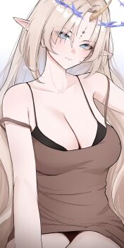 absurdres blonde_hair blue_eyes breasts brown_dress cleavage dress elven_ears fleurdelys_(wuthering_waves) highres horns kiksagi single_horn white_background
