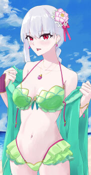 1girl absurdres beach bikini blue_sky braid breasts cleavage cloud commentary_request fate/grand_order fate_(series) flower green_bikini hair_flower hair_ornament hekituki8250 highres jewelry kama_(fate) kama_(second_ascension)_(fate) kama_(swimsuit_avenger)_(second_ascension)_(fate) kama_(teenager)_(fate) long_hair looking_at_viewer medium_breasts navel necklace outdoors pink_flower red_eyes sand sky solo stomach swimsuit tongue tongue_out water white_hair