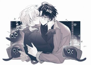 2boys aventurine_(honkai:_star_rail) ayami83 black_shirt closed_eyes coat dr._ratio_(honkai:_star_rail) greyscale hair_ornament heart highres honkai:_star_rail honkai_(series) hug kiss kissing_cheek looking_at_another monochrome multiple_boys shirt sparkle speech_bubble sweater turtleneck turtleneck_sweater