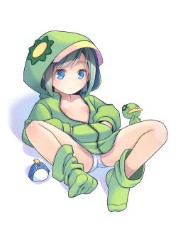 1girl absurdres bird blue_eyes breasts character_request closed_mouth copyright_request full_body green_hair green_hoodie green_socks highres hood hood_up hoodie kappa long_sleeves lying no_bra on_back open_clothes open_hoodie panties penguin pop_(electromagneticwave) short_hair simple_background small_breasts socks solo spread_legs underwear white_background white_panties
