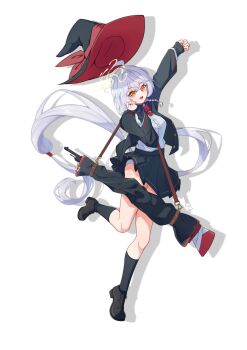 1girl 2450236016 absurdres arm_up black_boots black_robe black_skirt black_socks blue_archive bolt_action boots bow braid breasts carcano collared_shirt commentary_request eri_(blue_archive) full_body gun hair_between_eyes halo hat hat_ribbon highres jewelry kneehighs large_breasts long_sleeves looking_at_viewer multiple_rings open_mouth orange_eyes pleated_skirt red_bow red_ribbon ribbon rifle ring robe shirt side_braid simple_background skirt smile socks solo tachi-e tilted_halo weapon white_background white_shirt witch_hat yellow_halo