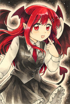 Rule 34 | 1girl, absurdres, bad id, bad pixiv id, black skirt, black vest, collared shirt, commentary request, demon tail, head wings, highres, koakuma, long hair, long sleeves, looking at viewer, maa (forsythia1729), necktie, open mouth, pointing, pointing at self, pointy ears, red eyes, red hair, red necktie, shirt, skirt, skirt set, smile, solo, tail, touhou, traditional media, very long hair, vest, white shirt, wings