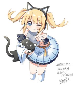 1girl ;3 animal animal_ear_headphones animal_ears bare_shoulders blonde_hair blue_eyes blush cat cat_ear_headphones cat_ears closed_mouth commentary_request commission dated fake_animal_ears frilled_skirt frills full_body grey_shirt haru_(konomi_150) headphones holding holding_animal indie_virtual_youtuber looking_at_viewer luchina_(vtuber) one_eye_closed pleated_skirt shirt shoes short_hair signature simple_background skeb_commission skirt sleeveless sleeveless_shirt smile solo twintails virtual_youtuber white_background white_shoes white_skirt