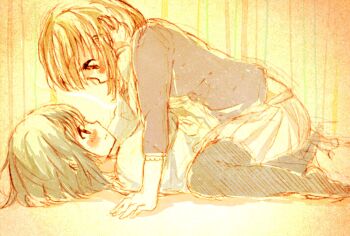 2girls arm_support blush eye_contact foomi girl_on_top looking_at_another lying midriff multiple_girls no_shoes on_back original pantyhose short_hair sketch skirt smile yuri