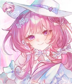 1girl chiyori08 commentary cyrene_(honkai:_star_rail) cyrene_(keeping_promise)_(honkai:_star_rail) cyrene_(ripples_of_past_reverie)_(honkai:_star_rail) diamond-shaped_pupils diamond_(shape) dress english_commentary hat highres honkai:_star_rail honkai_(series) long_hair looking_at_viewer meme official_alternate_costume pink_hair pointy_ears purple_eyes smile solo symbol-shaped_pupils upper_body very_long_hair white_dress white_hat