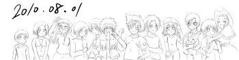 2010 2010s digimon digimon_adventure digimon_adventure_02 glasses goggles goggles_on_head happy hat hida_iori ichijouji_ken inoue_miyako ishida_yamato izumi_koshiro kido_jo looking_at_viewer motomiya_daisuke one_eye_closed smile tachikawa_mimi takaishi_takeru takenouchi_sora time_paradox wink yagami_hikari yagami_taichi