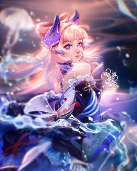 1girl bare_shoulders blue_hair blush bow bow-shaped_hair breasts genshin_impact gloves gradient_hair hair_ornament highres long_hair looking_at_viewer multicolored_hair pink_hair purple_eyes roytheart sangonomiya_kokomi smile solo thighhighs white_gloves