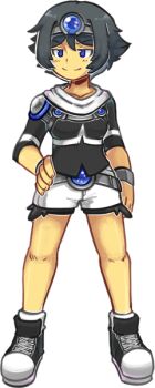 1girl black_hair black_shoes blue_eyes closed_mouth collarbone commentary english_commentary fang_dantalion full_body hand_on_own_hip heartbeat_(game) shepple shoes short_sleeves shorts smile sneakers solo transparent_background white_shorts