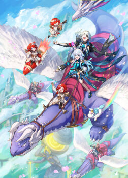 3boys 6+girls absurdres aglaea_(honkai:_star_rail) angel_wings black_coat blue_dress blue_eyes blue_hair blue_sky box cat_girl cat_tail cerydra_(honkai:_star_rail) chrysos_heirs_(honkai:_star_rail) cipher_(honkai:_star_rail) coat commentary_request crown dragon dress dromas_(honkai:_star_rail) eyepatch highres holding holding_box holding_reins honkai:_star_rail honkai_(series) hysilens_(honkai:_star_rail) isome kephale_(honkai:_star_rail) laughing little_ica_(honkai:_star_rail) midair multiple_boys multiple_girls mydei_(honkai:_star_rail) outdoors phainon_(honkai:_star_rail) pollux_(honkai:_star_rail) red_hair reins riding riding_animal rocket_ship short_hair sky spacecraft tail trianne_(honkai:_star_rail) tribbie_(honkai:_star_rail) trinnon_(honkai:_star_rail) white_dress wings