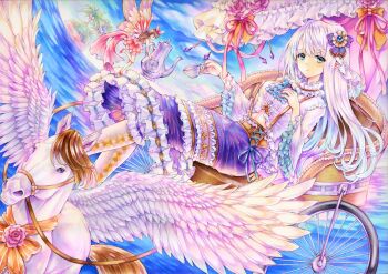 Rule 34 | 2girls, absurdres, besanten, bow, brown hair, carriage, closed mouth, colored pencil (medium), colorful, commentary, cup, english commentary, expressionless, fairy, frilled shirt collar, frilled sleeves, frills, grey eyes, hair bow, hand up, highres, holding, holding cup, holding teapot, horizon, long hair, long sleeves, looking at viewer, multiple girls, ocean, original, pegasus, pink skirt, pointy ears, purple skirt, reclining, shirt, skirt, solo focus, teacup, teapot, thighhighs, traditional media, white hair, white shirt, white thighhighs, white wings, wide sleeves, wings