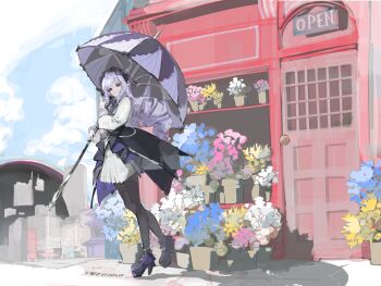 1girl ascot black_nails black_pantyhose bouquet bow bowtie breast_curtains center_frills drill_hair flower flower_pot flower_shop frills gem hairband highres holding holding_umbrella looking_at_viewer mole mole_under_eye pantyhose patterned_legwear pointy_ears purple_ascot purple_bow purple_bowtie purple_gemstone purple_hair purple_hairband purple_shoes purple_umbrella shoes shop shrug_(clothing) sideboob_cutout solo umbrella user_aags2435 vivian_banshee white_shrug zenless_zone_zero