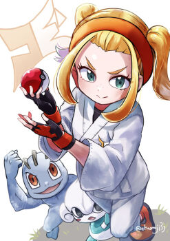 1girl black_gloves blonde_hair chamaji closed_mouth commentary_request eyelashes fingerless_gloves freckles gen_1_pokemon gen_3_pokemon gloves green_eyes hairband hands_up holding holding_poke_ball jacket josee_(pokemon) machop meditite nintendo orange_hairband orange_shoes pants poke_ball poke_ball_(basic) pokemon pokemon_(creature) pokemon_legends:_z-a shoes sidelocks standing twitter_username two_side_up
