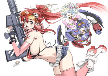 1boy 2girls belt bikini bikini_top_only blonde_hair blue_eyes blue_hair blush bracelet breasts commentary_request cross-shaped_pupils dress fingerless_gloves flame_print flower gloves goggles goggles_on_head gun hair_flower hair_ornament hair_stick highres jewelry kamina_shades large_breasts long_hair looking_at_viewer multicolored_hair multiple_girls navel nia_teppelin nishieda no_shirt pink_arm_warmers pink_thighhighs ponytail red_hair rifle scarf short_hair short_shorts shorts simon_(ttgl) skull_hair_ornament smile sniper_rifle striped_clothes striped_scarf studded_belt studded_bracelet swimsuit symbol-shaped_pupils tengen_toppa_gurren_lagann thighhighs triangular_eyewear two-tone_hair weapon yellow_eyes yoko_littner